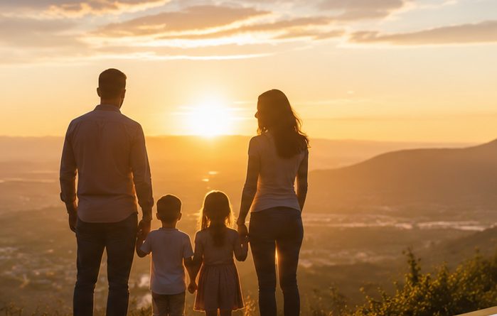 A family looking out over a valley at sunset